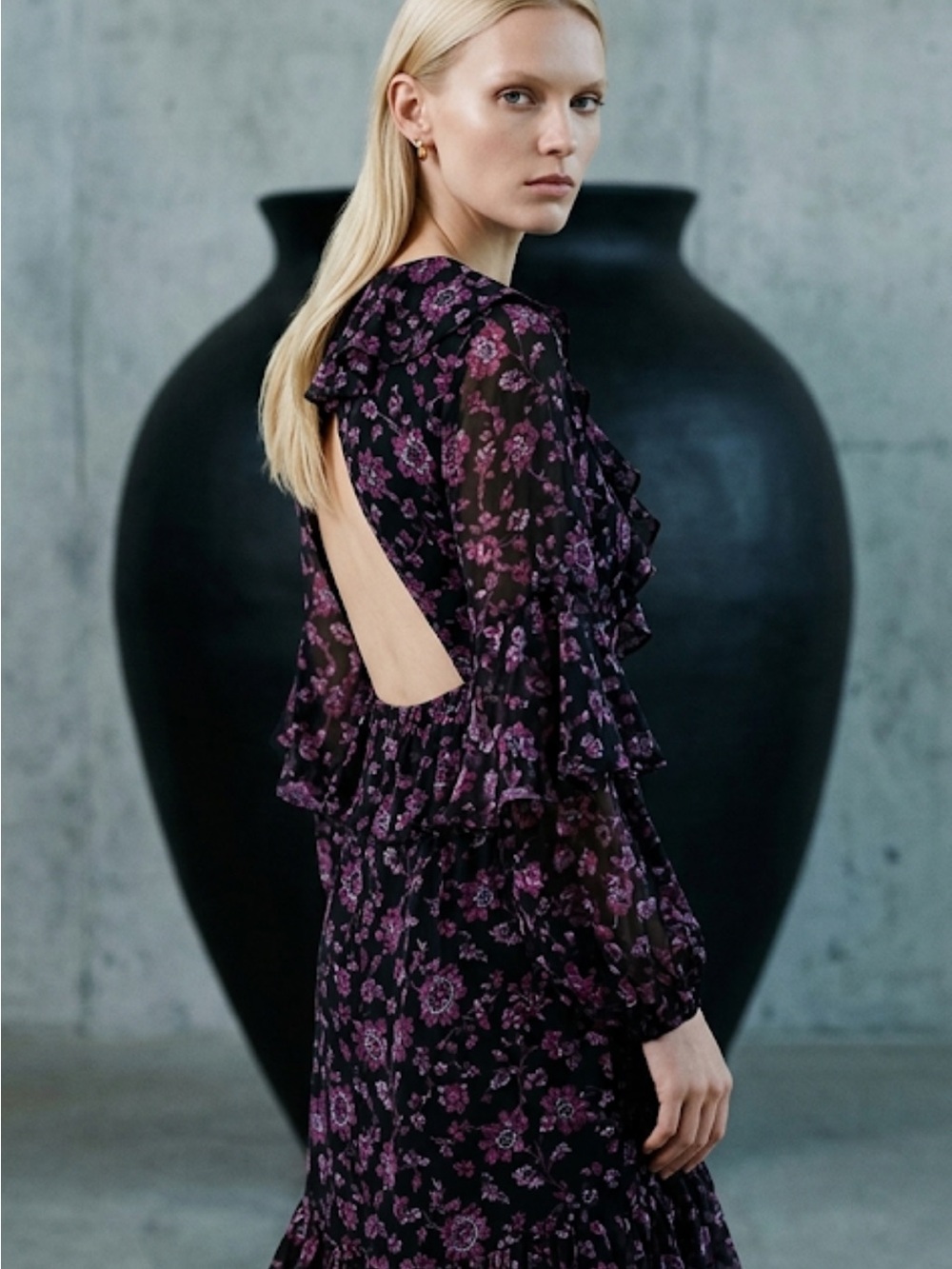 Amur Black Pink Floral Organic Silk Ruffled Dress Size 8 - Picture 9 of 10